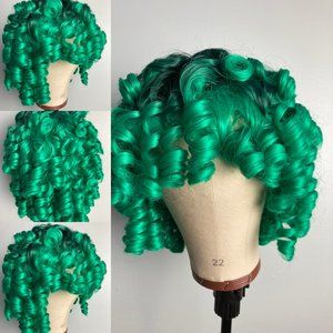 Short Curly Black/Green Wig With Bangs